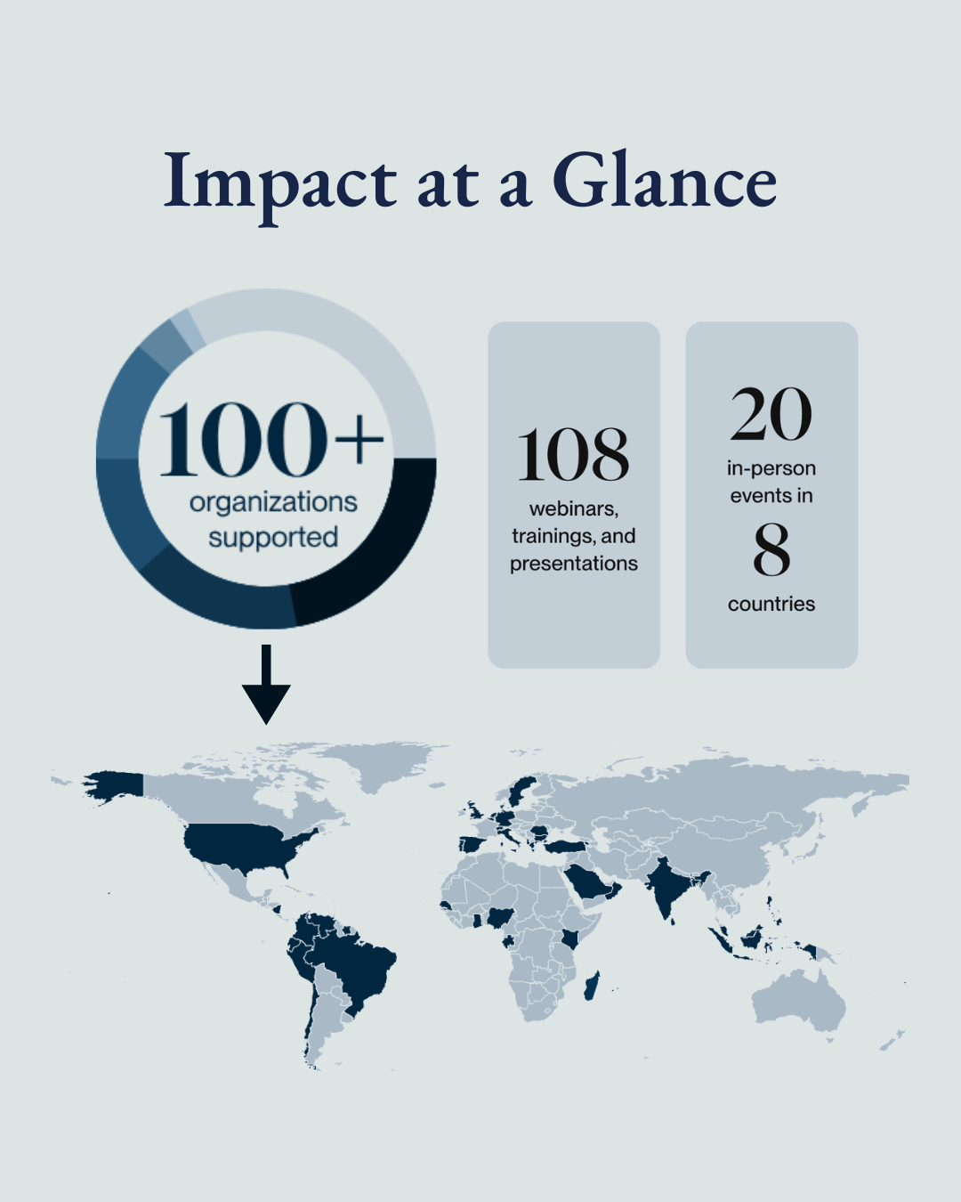 Impact at a Glance: 100+ organizations supported, 108 webinars, trainings, and presentations, and 20 in-person events in 8 countries
