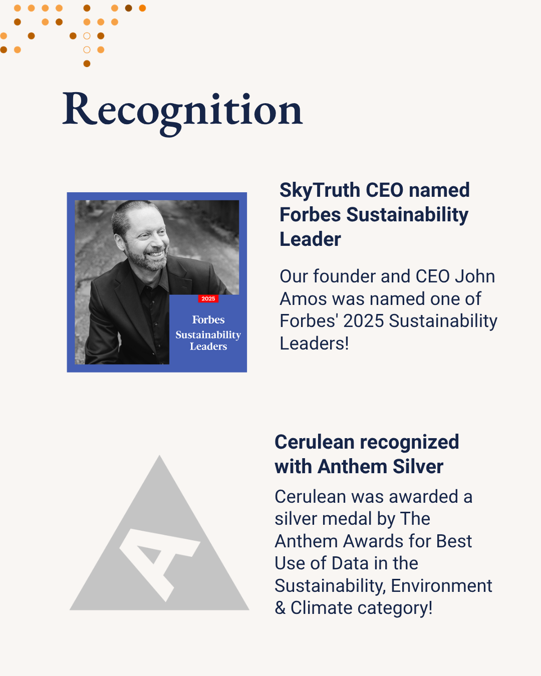 SkyTruth CEO named Forbes Sustainability Leader, and Cerulean recognized with Anthem Silver.